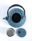 Vertical Lines Blue Gold Cast Iron Tea Pot 33oz