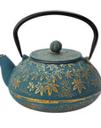 Turquoise Maple Leaves Momiji Cast Iron Tea Pot 40oz